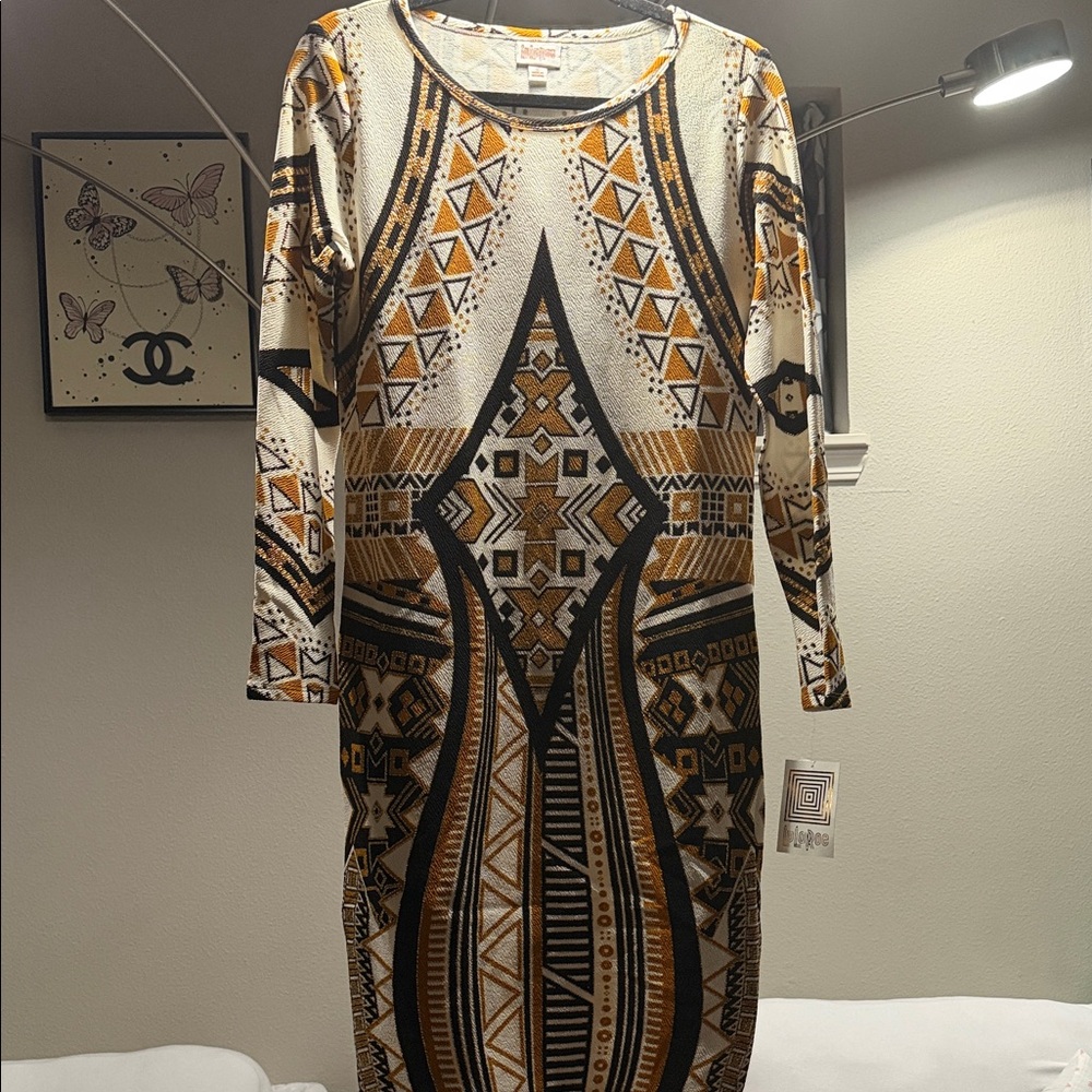 Black and Brown Geometric Long Sleeve Dress